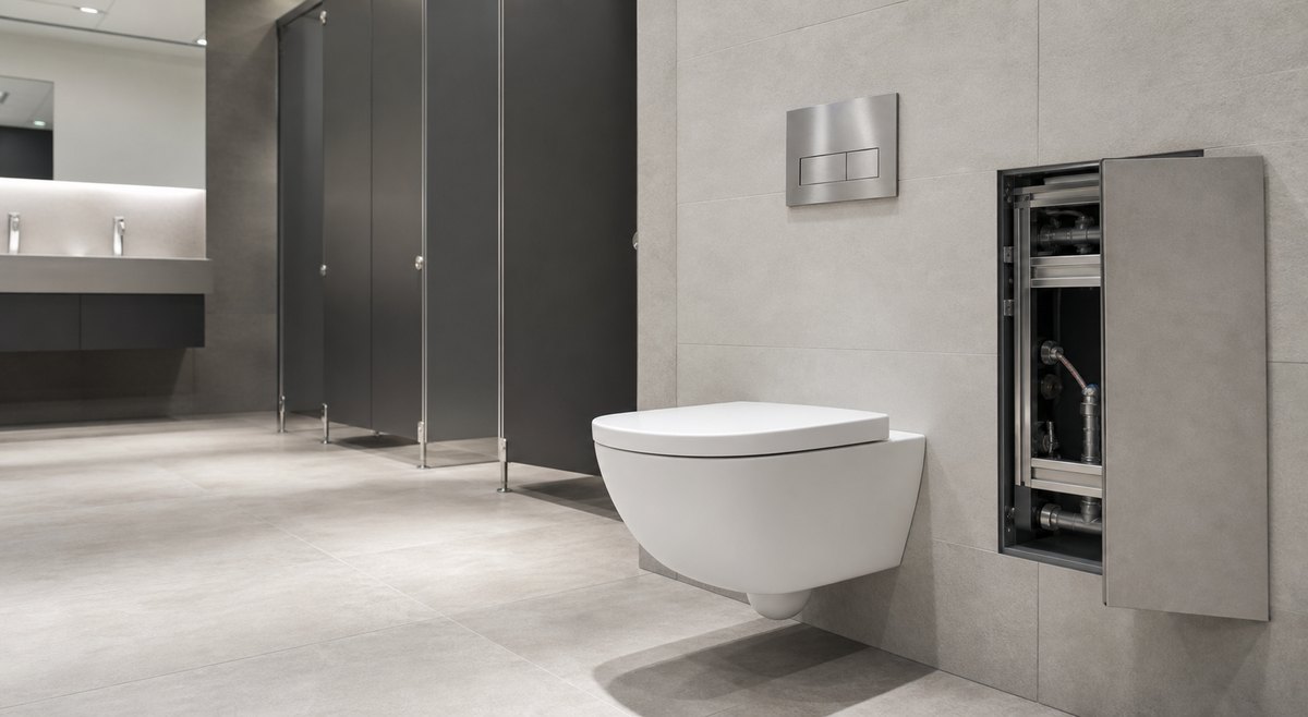 wall hung toilet solution for commercial building bathrooms