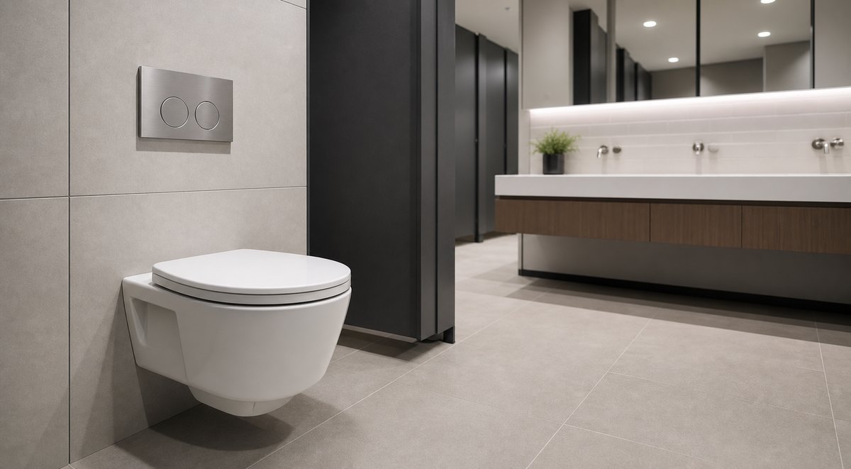 wall hung toilet solution for office building bathrooms