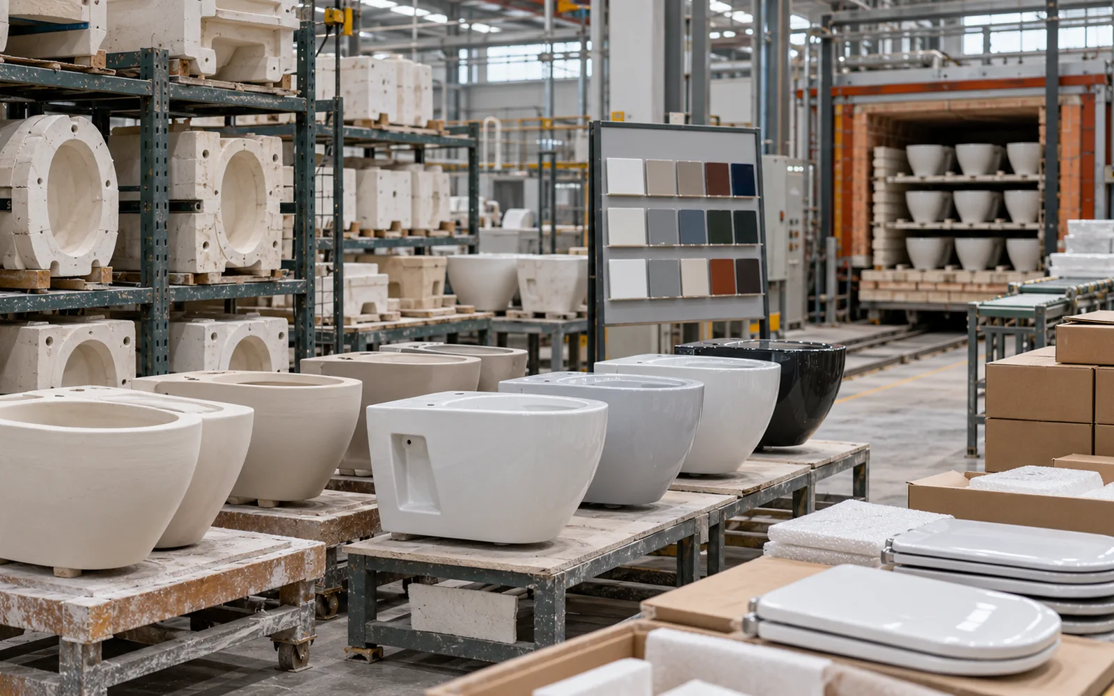 production stages and grouped wall hung toilet samples in a ceramic factory