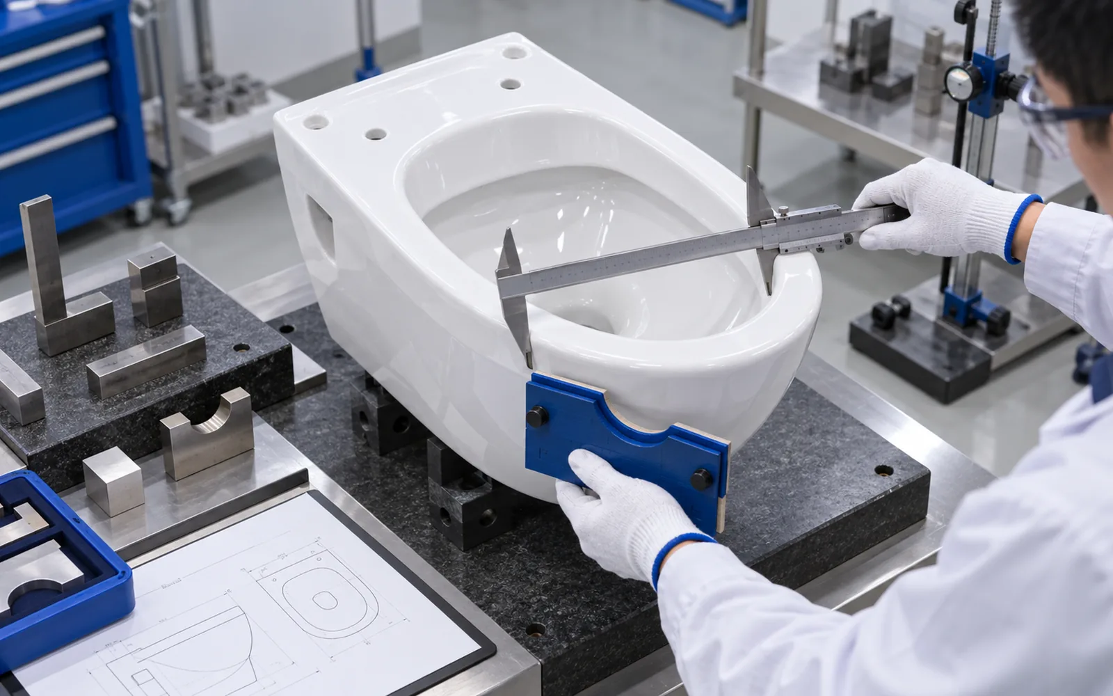 dimensional inspection of a ceramic wall hung toilet