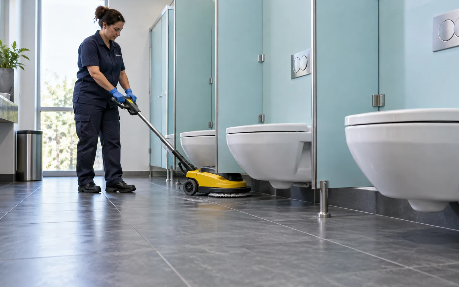 clear floor area beneath wall hung toilets during commercial cleaning