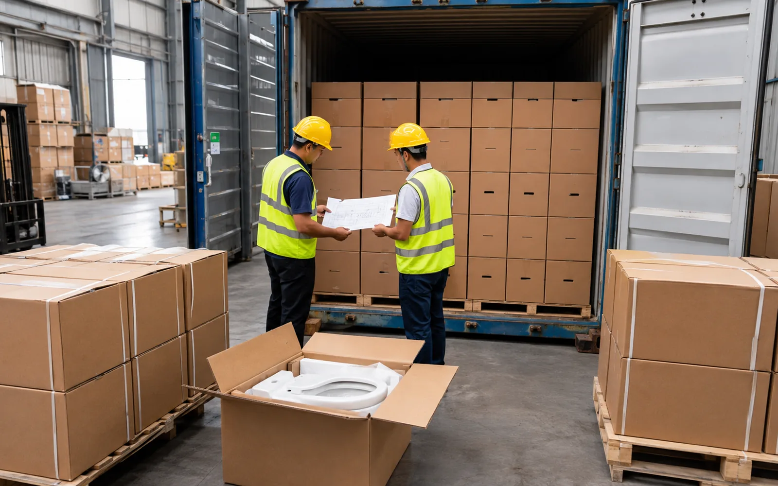 ceramic toilet cartons arranged for container loading