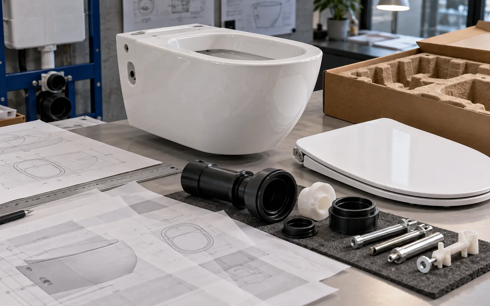sample approval bench with wall hung toilet seat drawings and fixing components