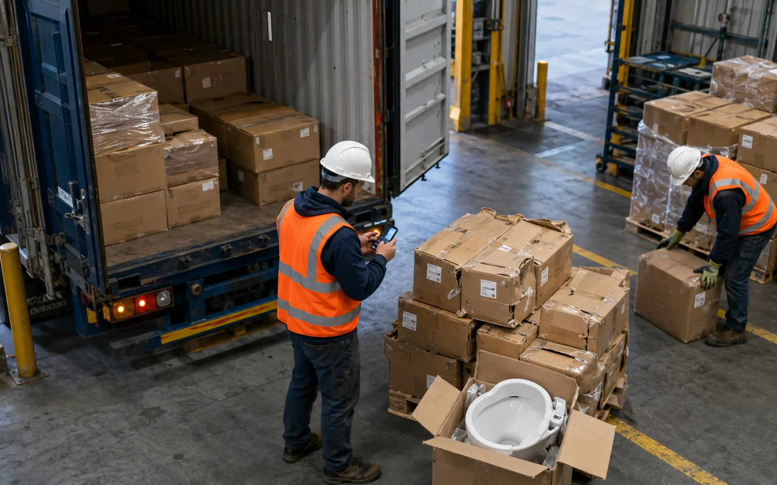 importer checking ceramic toilet shipment at warehouse receiving