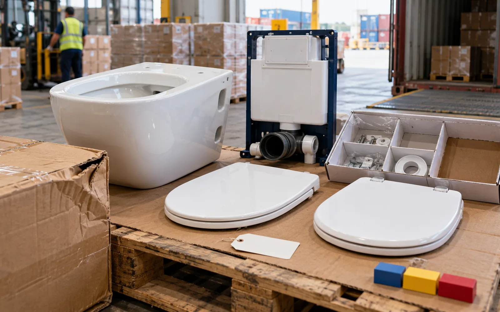 export inspection bay showing wall hung toilet component and packaging mismatch risks