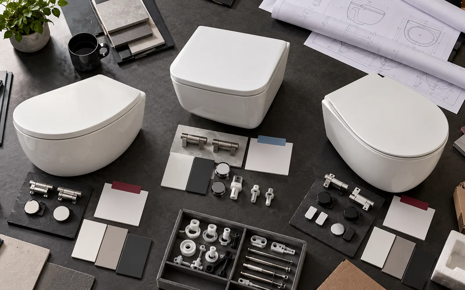 supplier shortlist desk with three wall hung toilet sample groups