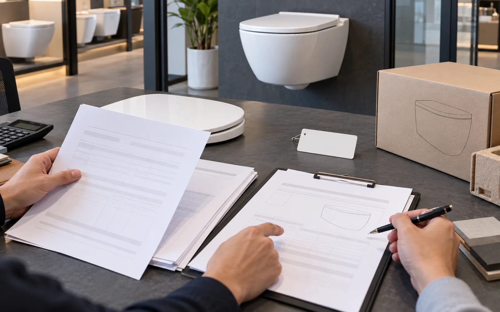 procurement team cross-checking wall hung toilet quotation and approval records