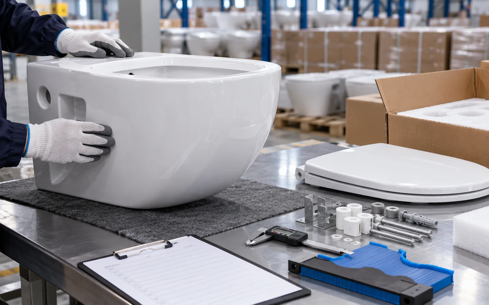 wall hung toilet factory audit scene with inspection tools and packaging check