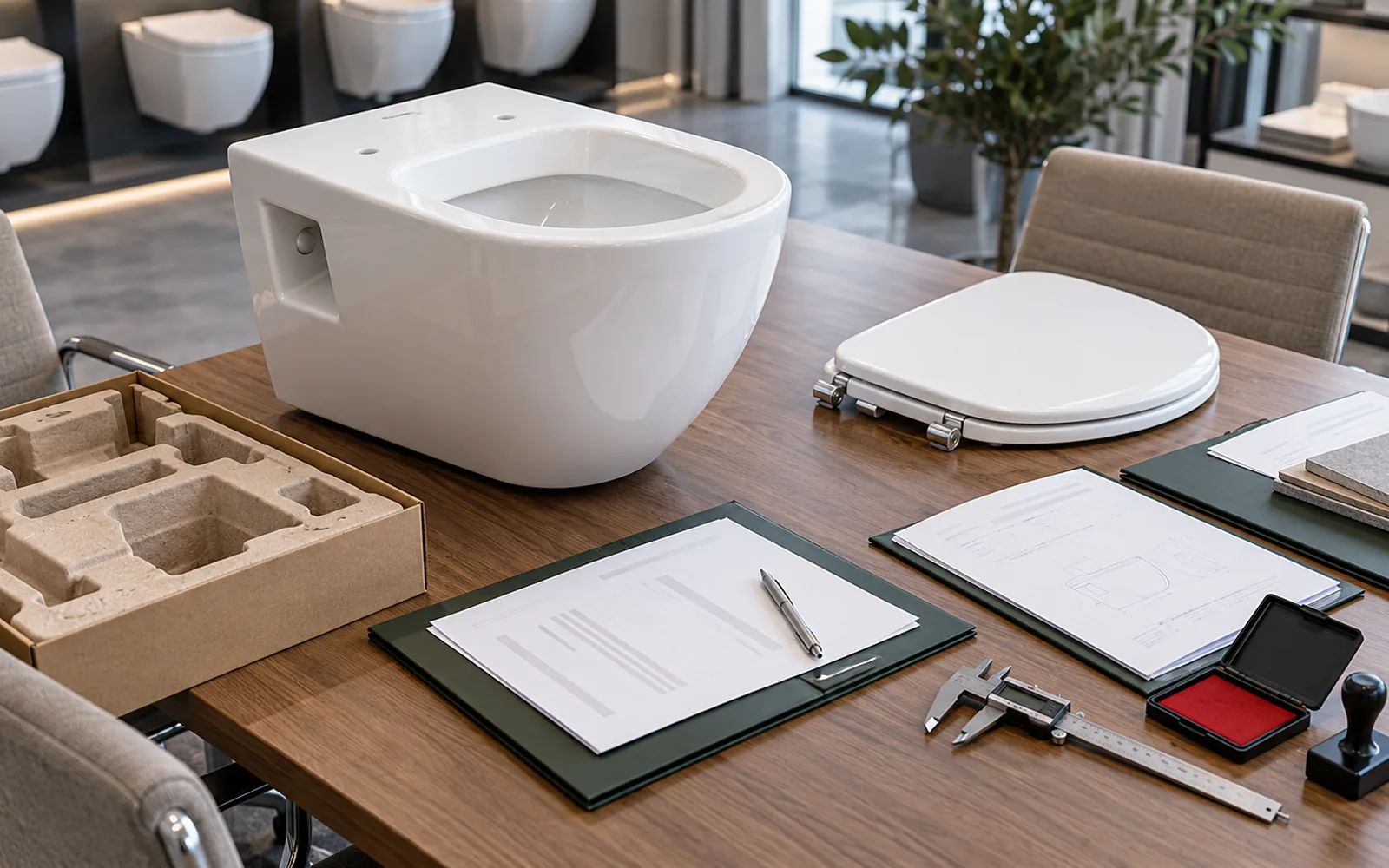 manufacturer verification desk with wall hung toilet sample and approval documents