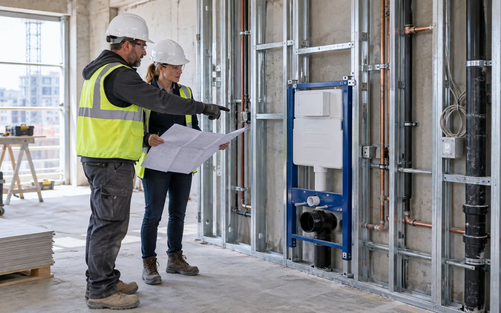 MEP review around a wall hung toilet frame before wall closure