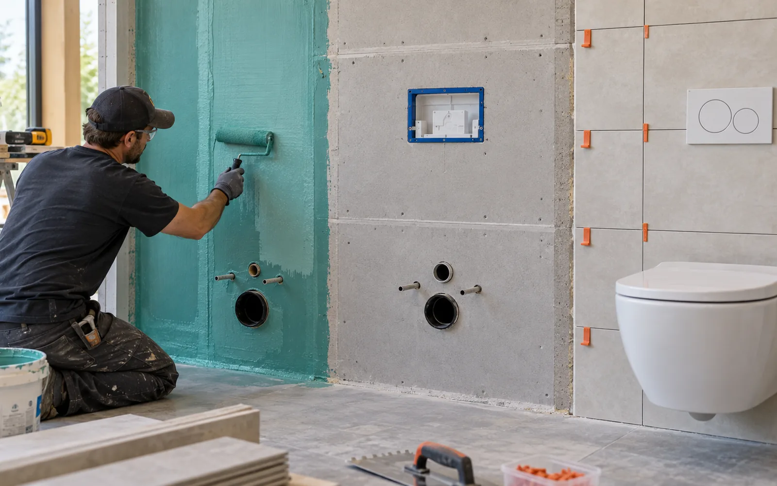waterproof membrane and tile coordination around a wall hung toilet wall