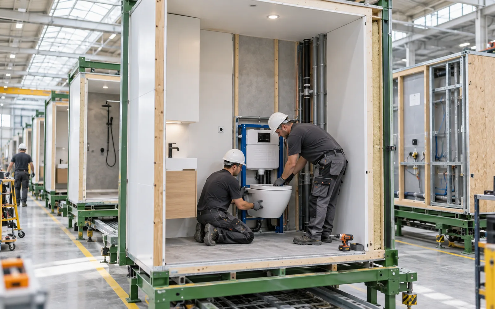 wall hung toilet and concealed cistern inside a prefabricated bathroom pod