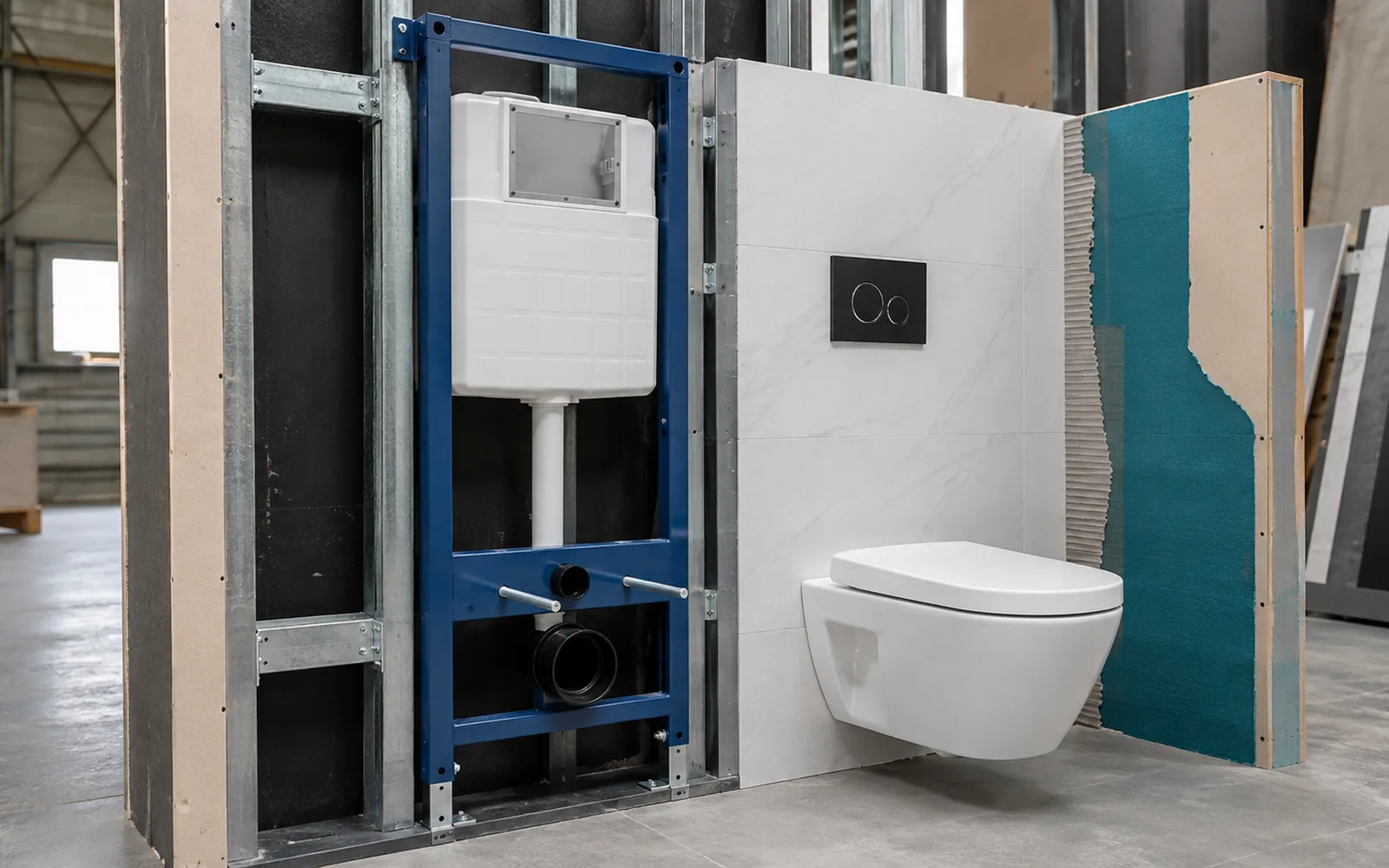 concealed toilet frame coordinated with wall construction
